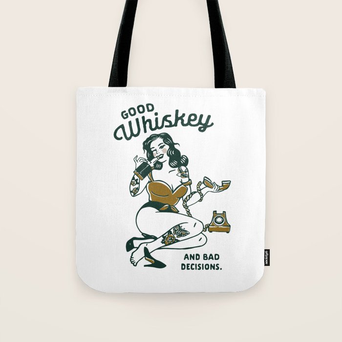 Good Whiskey & Bad Decisions: Funny Vintage Whisky Bar Decor Tote Bag Gallery Image 1