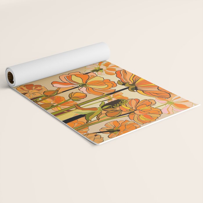 70s, Orange California poppies, mid century, 70s retro, flowers Yoga Mat Gallery Image 2