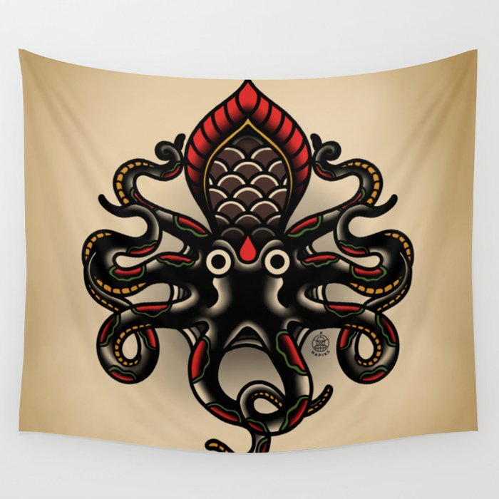 Traditional Tattoo Octopus  Wall Tapestry Gallery Image 1