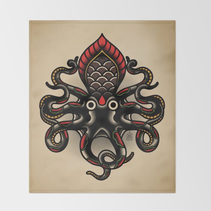 Traditional Tattoo Octopus  Throw Blanket Gallery Image 2