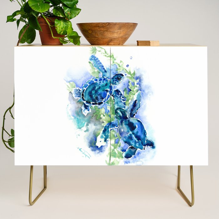Sea Turtle Turquoise Blue Beach Underwater Scene Green Blue design Credenza Gallery Image 1