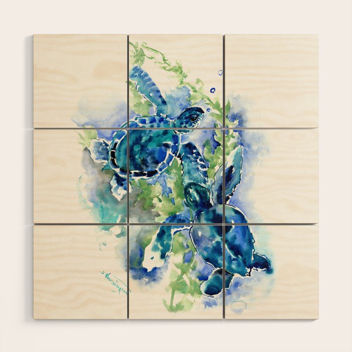 Sea Turtle Turquoise Blue Beach Underwater Scene Green Blue design Wood Wall Art Gallery Image 1