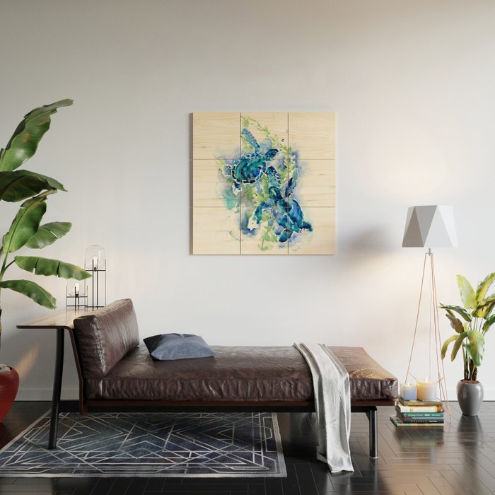 Sea Turtle Turquoise Blue Beach Underwater Scene Green Blue design Wood Wall Art Gallery Image 2