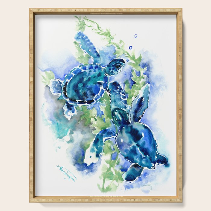 Sea Turtle Turquoise Blue Beach Underwater Scene Green Blue Design Serving Tray
