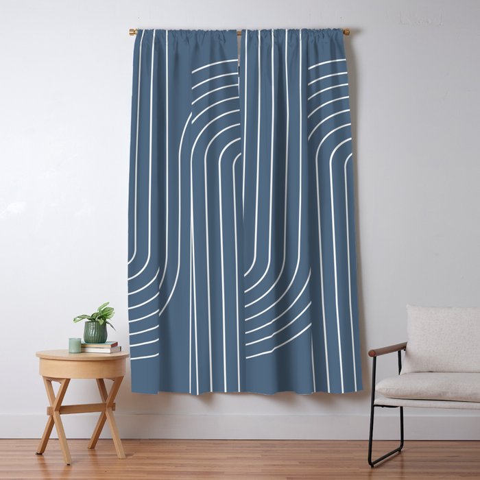 Minimal Line Curvature LXXXIV Nautical Blue Mid Century Modern Arch Abstract Window Curtain Gallery Image 1