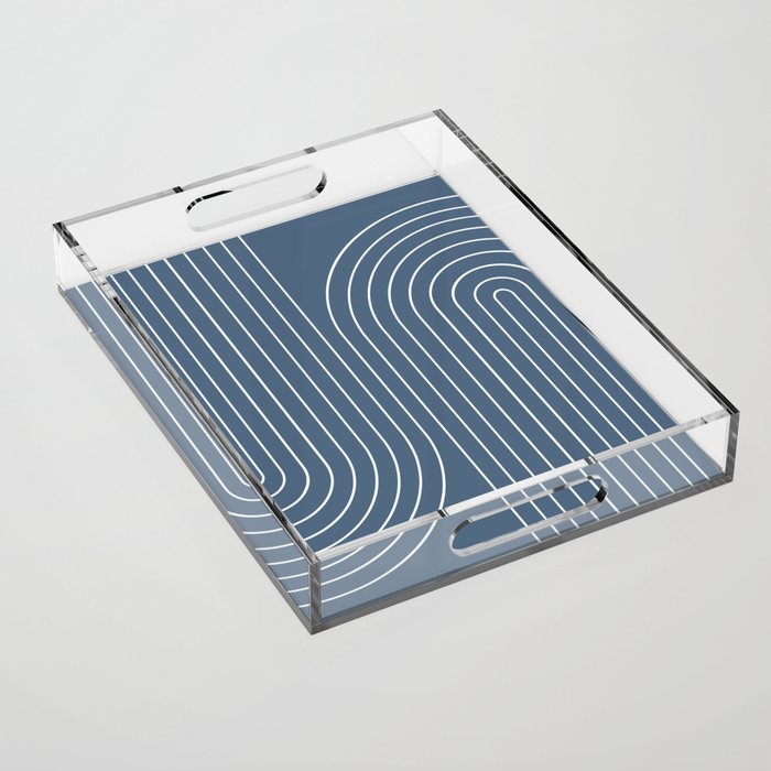 Minimal Line Curvature LXXXIV Nautical Blue Mid Century Modern Arch Abstract Acrylic Tray Gallery Image 1