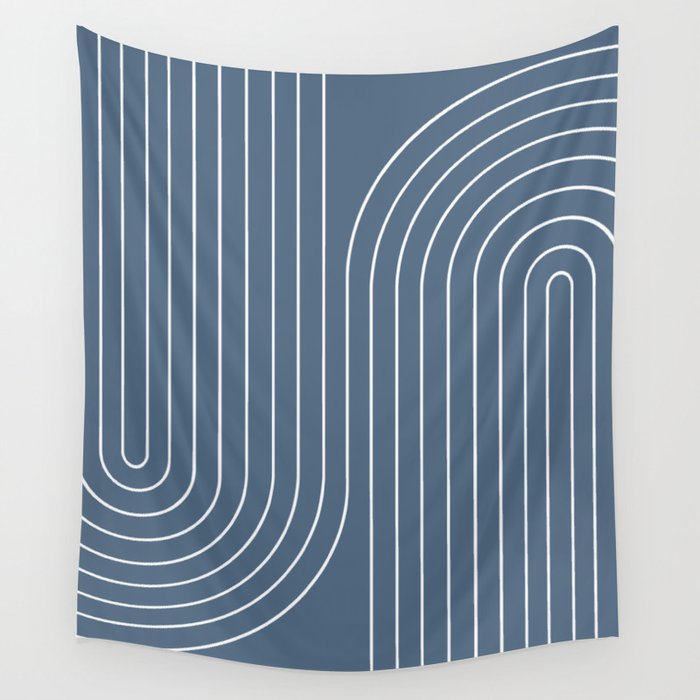 Minimal Line Curvature LXXXIV Nautical Blue Mid Century Modern Arch Abstract Wall Tapestry Gallery Image 1