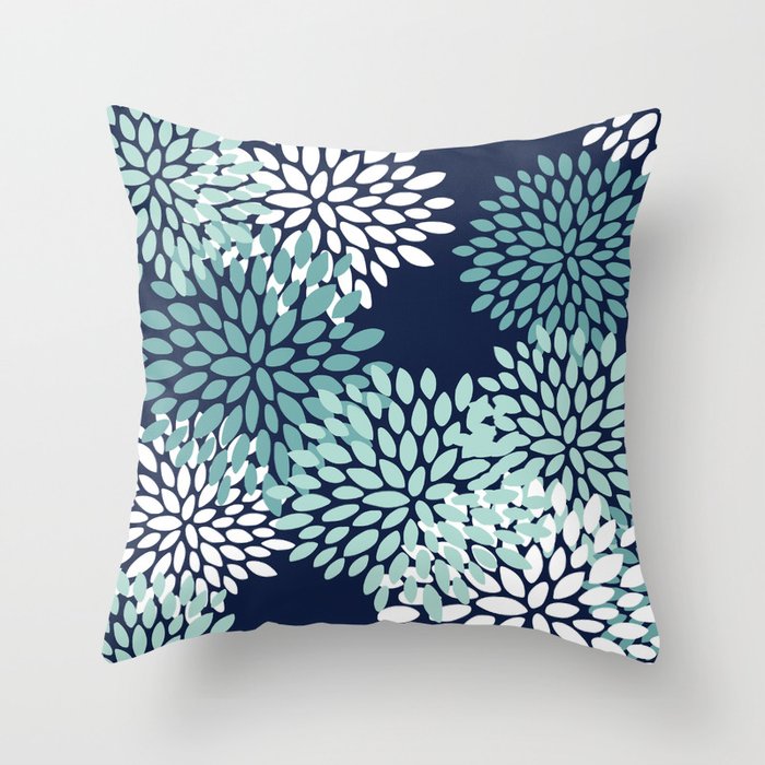 Floral Blooms in Navy, Teal and White Throw Pillow Gallery Image 6