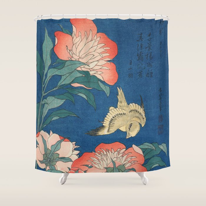 Peonies and Canary by Katsushika Hokusai Shower Curtain Gallery Image 1