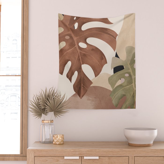 Abstract Art Tropical Leaves 3 Mocha Mousse Wall Tapestry Gallery Image 2