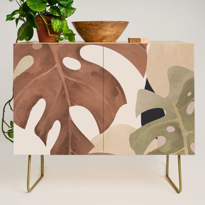 Abstract Art Tropical Leaves 3 Mocha Mousse Credenza Gallery Image 1