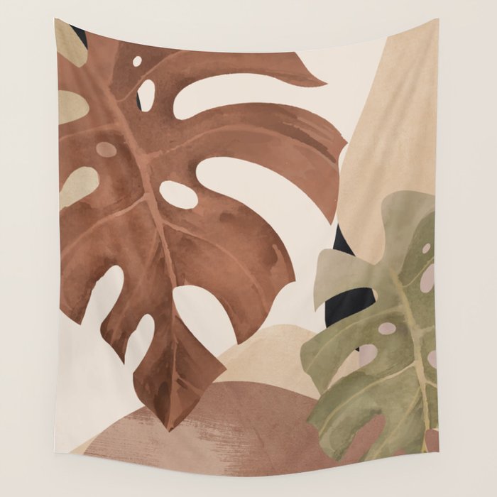 Abstract Art Tropical Leaves 3 Mocha Mousse Wall Tapestry Gallery Image 1