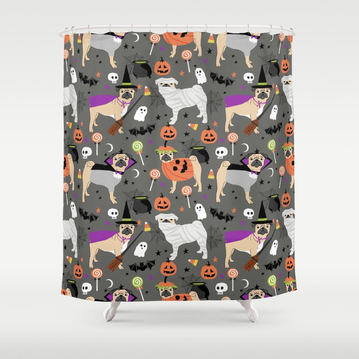 Pug halloween costumes mummy witch vampire pug dog breed pattern by pet friendly Shower Curtain Gallery Image 1