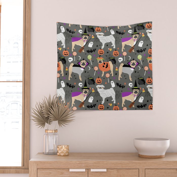 Pug halloween costumes mummy witch vampire pug dog breed pattern by pet friendly Wall Tapestry Gallery Image 2