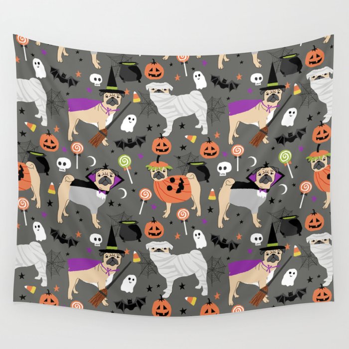 Pug halloween costumes mummy witch vampire pug dog breed pattern by pet friendly Wall Tapestry Gallery Image 1