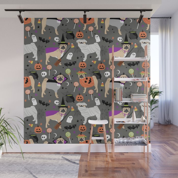 Pug halloween costumes mummy witch vampire pug dog breed pattern by pet friendly Wall Mural Gallery Image 1