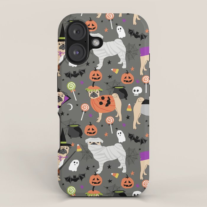 Pug halloween costumes mummy witch vampire pug dog breed pattern by pet friendly iPhone Case Gallery Image 1