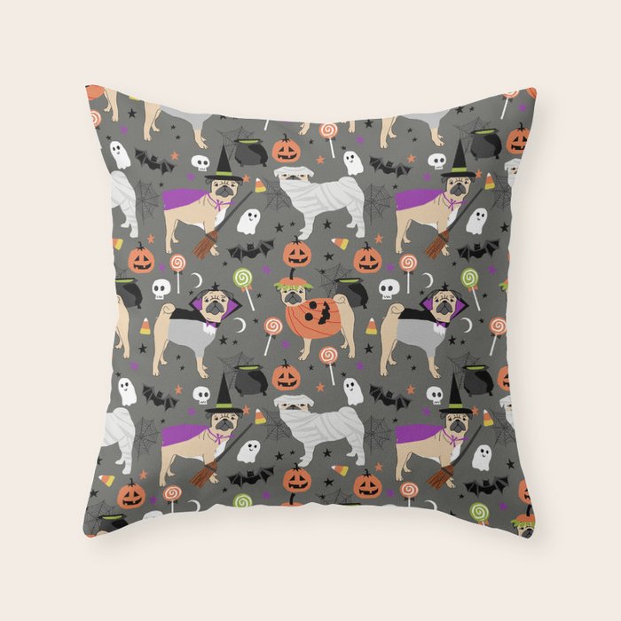 Pug halloween costumes mummy witch vampire pug dog breed pattern by pet friendly Throw Pillow Gallery Image 6