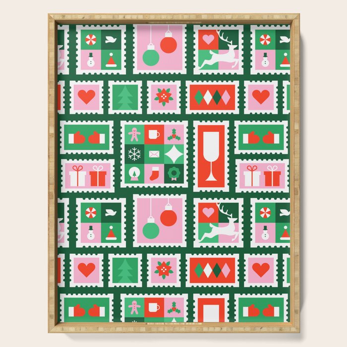 Christmas postage stamp pattern Serving Tray Gallery Image 1