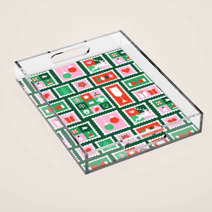 Christmas postage stamp pattern Acrylic Tray Gallery Image 1