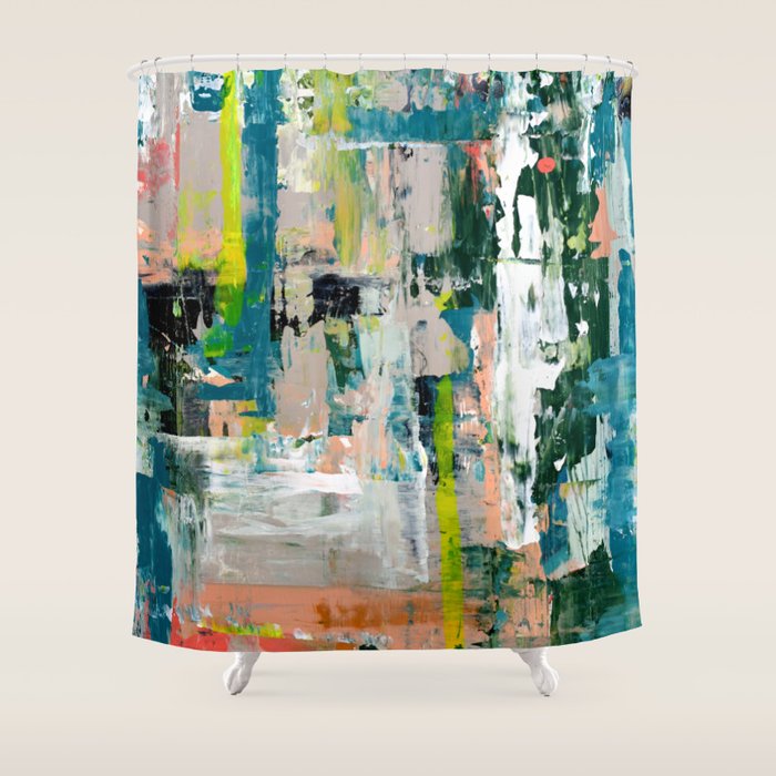 Imagine: A bright abstract painting in green, pink, and neon yellow by Alyssa Hamilton Art Shower Curtain Gallery Image 1