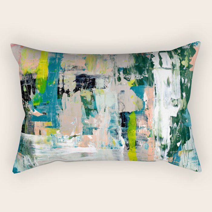 Imagine: A bright abstract painting in green, pink, and neon yellow by Alyssa Hamilton Art Rectangular Pillow Gallery Image 2