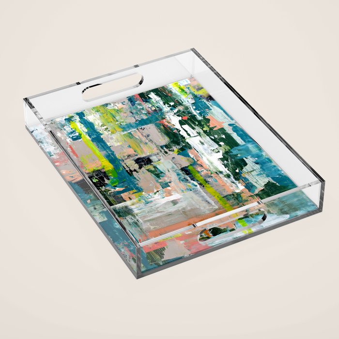 Imagine: A bright abstract painting in green, pink, and neon yellow by Alyssa Hamilton Art Acrylic Tray Gallery Image 1