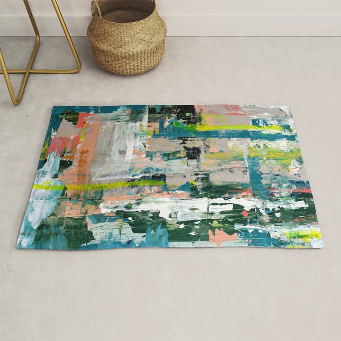 Imagine: A bright abstract painting in green, pink, and neon yellow by Alyssa Hamilton Art Rug Gallery Image 1