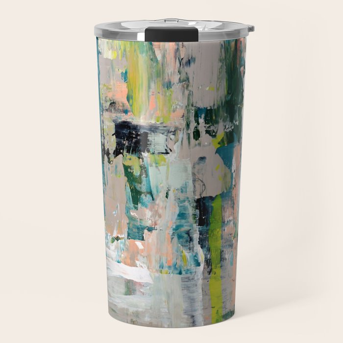 Imagine: A bright abstract painting in green, pink, and neon yellow by Alyssa Hamilton Art Travel Mug Gallery Image 1