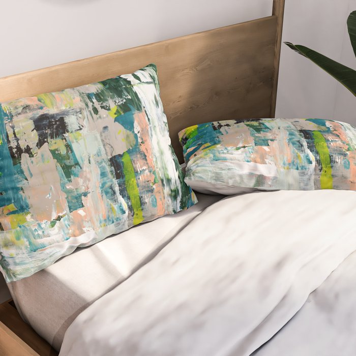 Imagine: A bright abstract painting in green, pink, and neon yellow by Alyssa Hamilton Art Pillow Sham Gallery Image 2