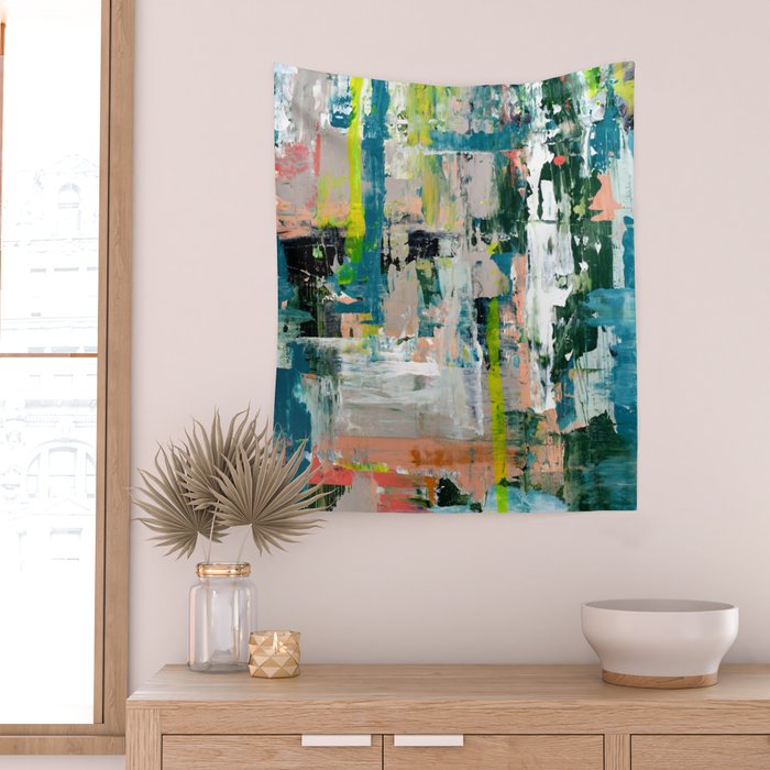Imagine: A bright abstract painting in green, pink, and neon yellow by Alyssa Hamilton Art Wall Tapestry Gallery Image 2