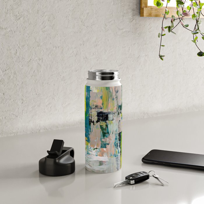 Imagine: A bright abstract painting in green, pink, and neon yellow by Alyssa Hamilton Art Water Bottle Gallery Image 4