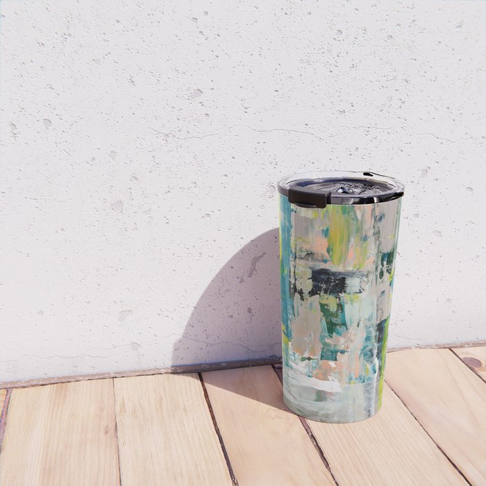 Imagine: A bright abstract painting in green, pink, and neon yellow by Alyssa Hamilton Art Travel Mug Gallery Image 4