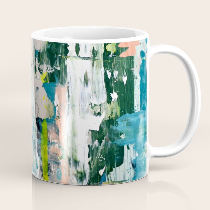 Imagine: A bright abstract painting in green, pink, and neon yellow by Alyssa Hamilton Art Coffee Mug Gallery Image 1