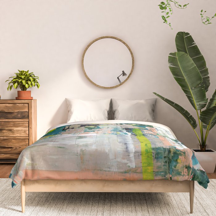 Imagine: A bright abstract painting in green, pink, and neon yellow by Alyssa Hamilton Art Comforter Gallery Image 3