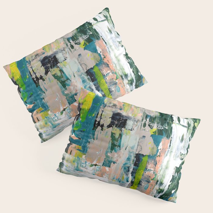 Imagine: A bright abstract painting in green, pink, and neon yellow by Alyssa Hamilton Art Pillow Sham Gallery Image 1
