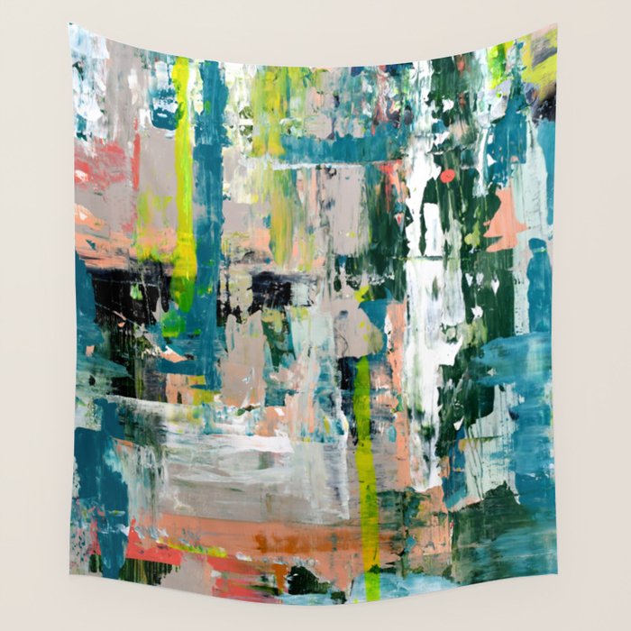 Imagine: A bright abstract painting in green, pink, and neon yellow by Alyssa Hamilton Art Wall Tapestry Gallery Image 1