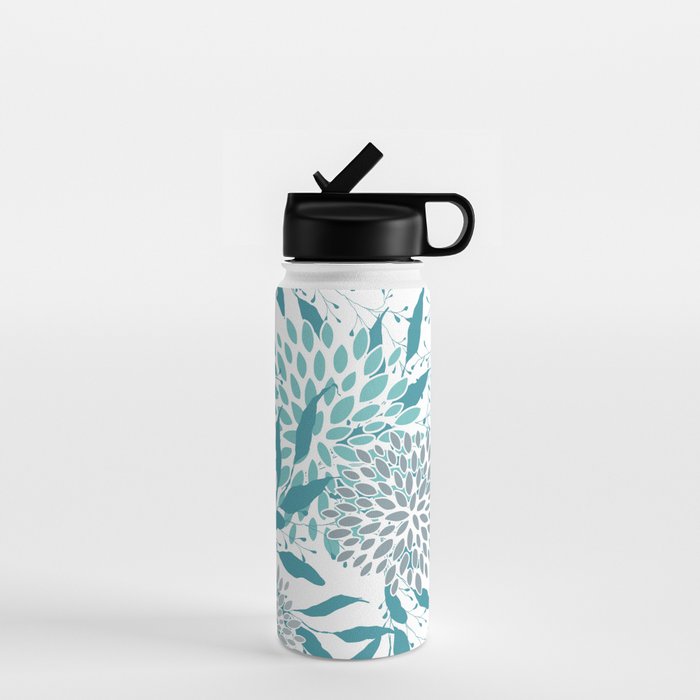 Floral Leaves and Blooms, Teal and Gray Water Bottle Gallery Image 1