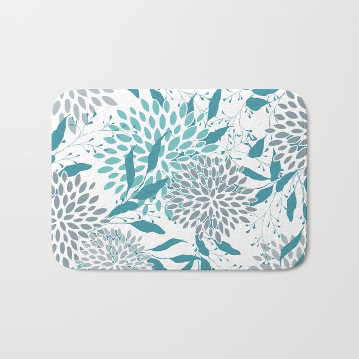 Floral Leaves and Blooms, Teal and Gray Bath Mat Gallery Image 1
