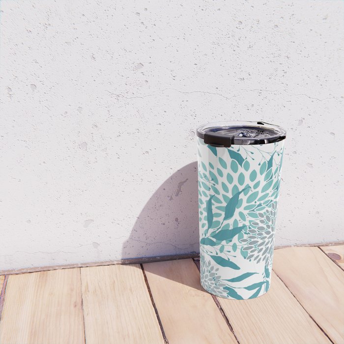 Floral Leaves and Blooms, Teal and Gray Travel Mug Gallery Image 4