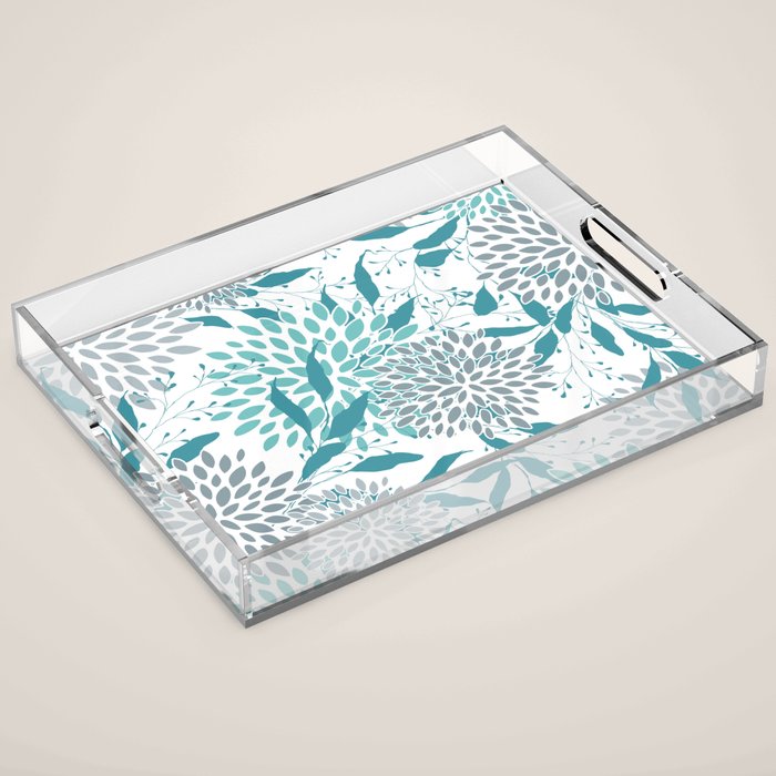Floral Leaves and Blooms, Teal and Gray Acrylic Tray Gallery Image 1