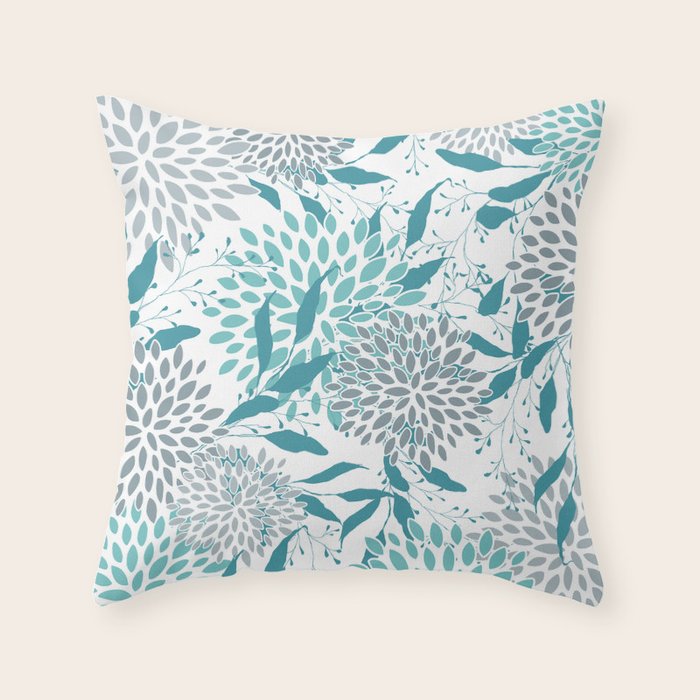 Floral Leaves and Blooms, Teal and Gray Throw Pillow Gallery Image 6