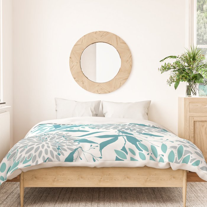 Floral Leaves and Blooms, Teal and Gray Duvet Cover Gallery Image 3