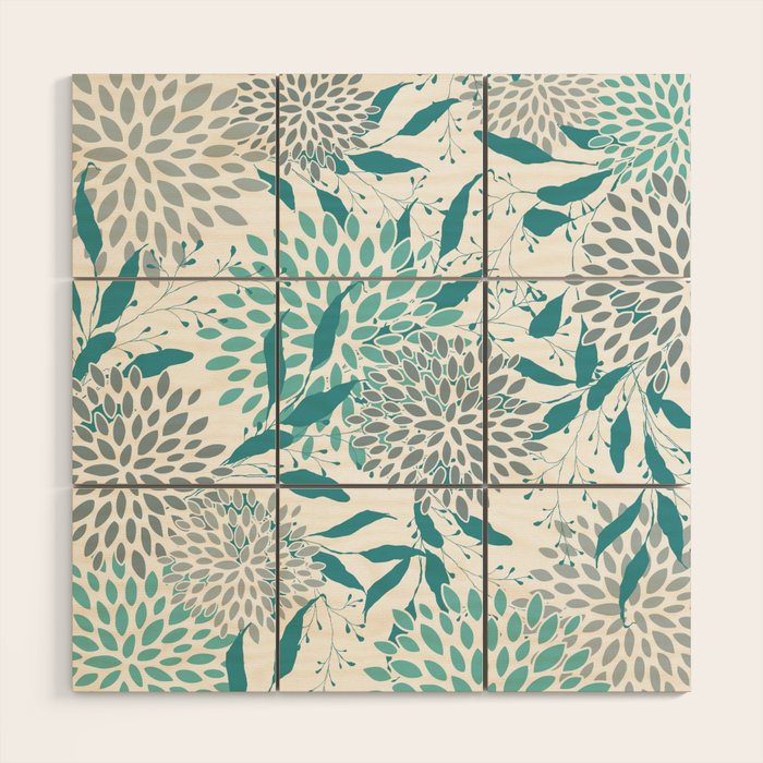 Floral Leaves and Blooms, Teal and Gray Wood Wall Art Gallery Image 1