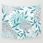 Floral Leaves and Blooms, Teal and Gray Wall Tapestry Gallery Image 4