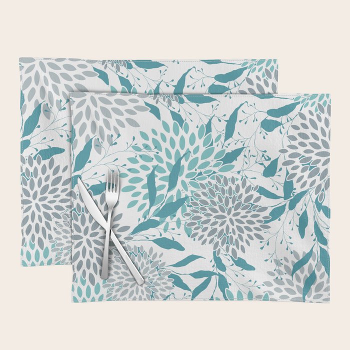 Floral Leaves and Blooms, Teal and Gray Placemat Gallery Image 1
