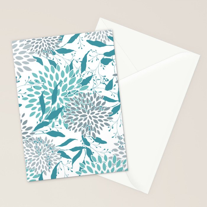 Floral Leaves and Blooms, Teal and Gray Stationery Card Gallery Image 2