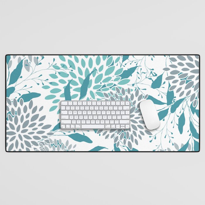 Floral Leaves and Blooms, Teal and Gray Desk Mat Gallery Image 1