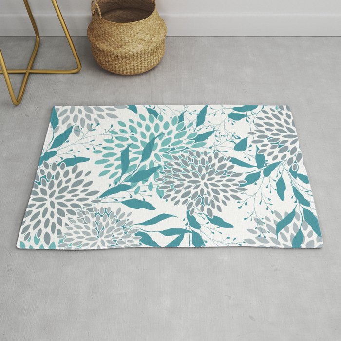 Floral Leaves and Blooms, Teal and Gray Rug Gallery Image 1