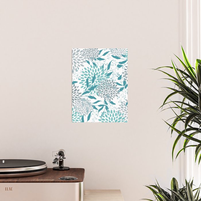Floral Leaves and Blooms, Teal and Gray Poster Gallery Image 2